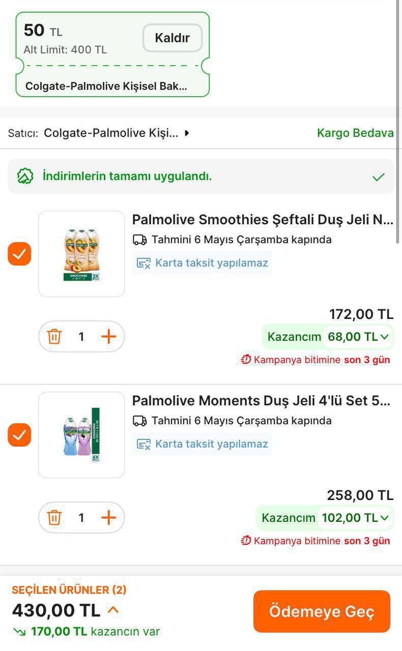 Palmolive 500 ml Duş Jeli  ✅4’lü set ve 3’lü seti sepete eklediğinizde 600/120TL İndirim + 50TL Kuponla ile 7 adedi 430TL - Görsel 1