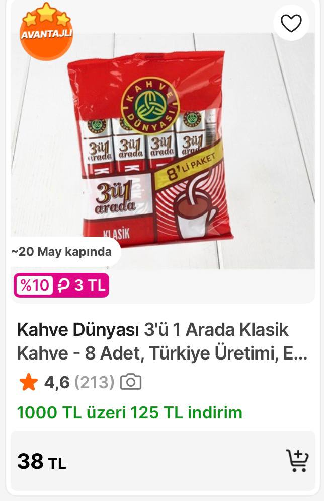 Kahve Dünyası 3’ü 1 Arada 8 Adet 

38₺ (hepsipara iadesiyle 35₺)
Adet 4₺ - Görsel 1