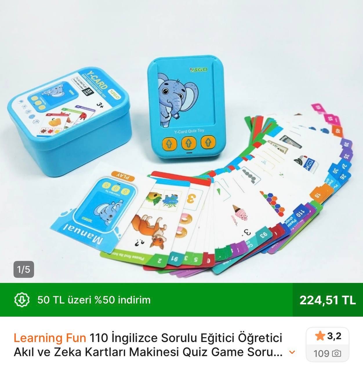 🔥 Learning Fun 110 İngilizce Sorulu Eğitici Öğretici Akıl ve Zeka Kartları Makinesi  Sepette 224₺  ✅ Linkteki Tüm Oyuncaklarda Sepette %50 İndirim Var - Görsel 1