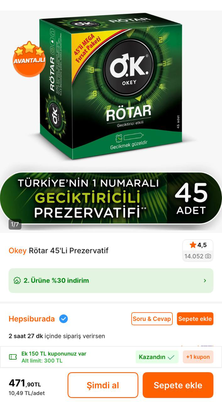 Okey Rötar 45’li Prezervatif 471TL - 2’li Alımda 2. Ürüne %30 İndirim + 150TL Kupon İle Tanesi 326TL’ye Geliyor - Görsel 1