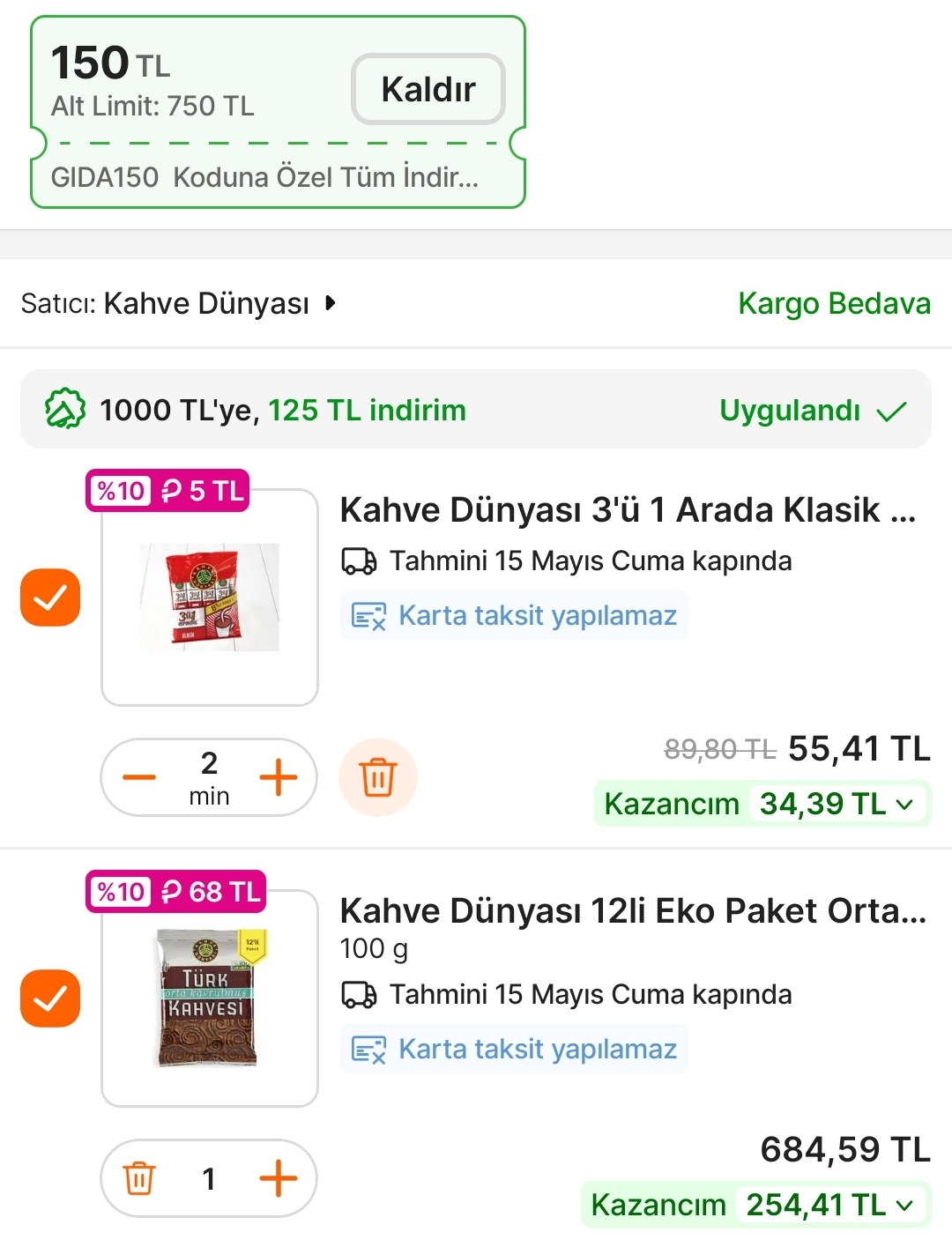 Kahve Dünyası 8 adet 3'ü 1 arada kahve çoklu alımda 25 TL - Görsel 1