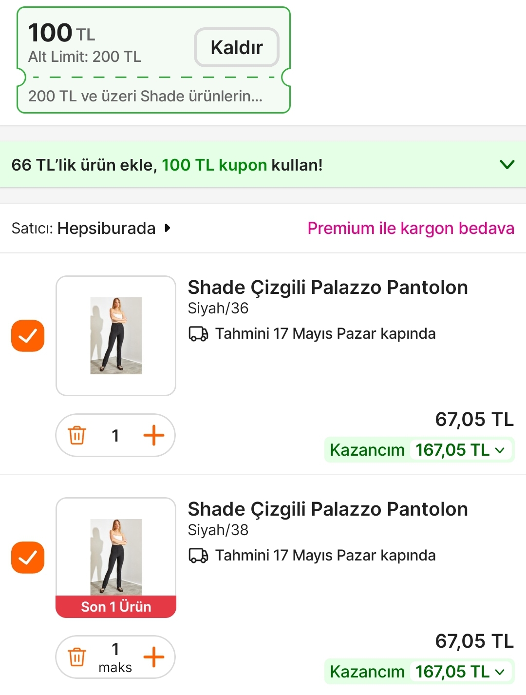 Hepsiburada pantolonlar 67 TL koşun - Görsel 1