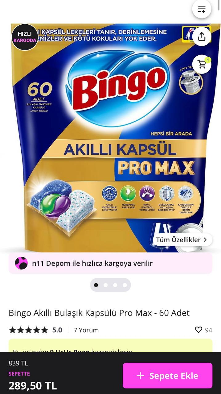 Bingo Akıllı Bulaşık Kapsülü Pro 60’lı 289 TL’ye Düştü- Piyasası 340 TL+ - Görsel 1
