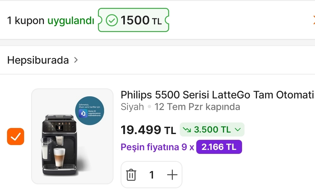 Philips 5500 serisi 20 çeşit kahve yapan makine 19.499 TL + peşin fiyatına 9 taksit