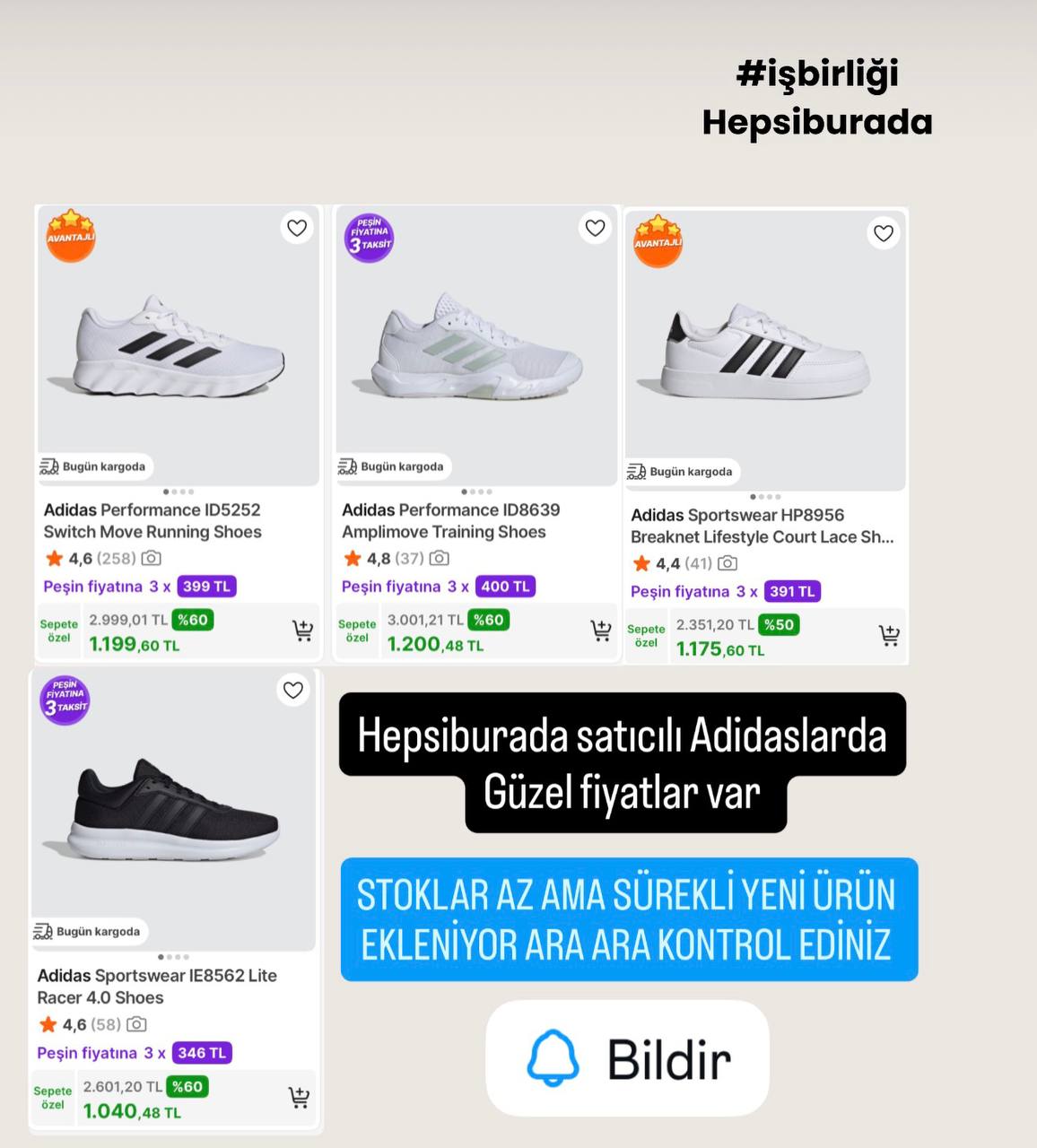 Hepsiburada satıcılı Adidaslarda güzel fiyatlar var (1.000-1.200₺ bandında)

Stoklar az ama kampanyaya sürekli ürün ekliyorlar aradığınız ürün yoksa  ara ara linki kontrol edin 👈🏽 - Görsel 1