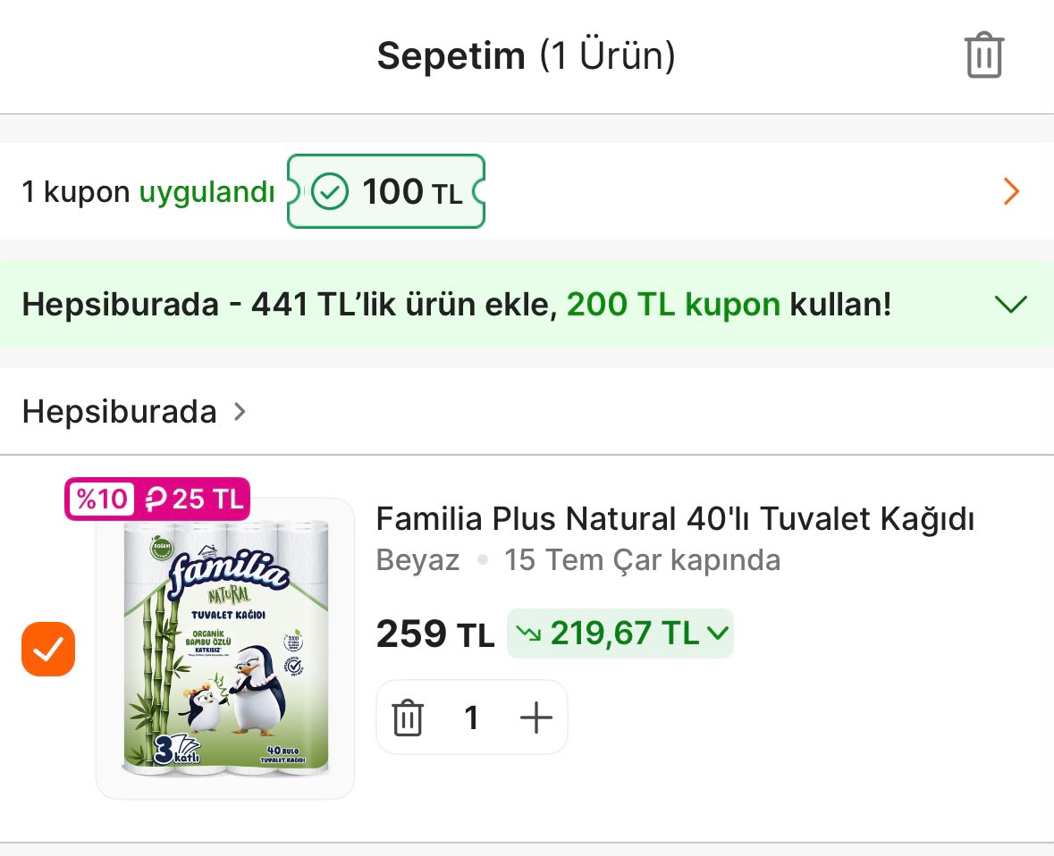 Familia 40’lı Tuvalet Kâğıdı 259₺ 

Süpermarkette 300₺ye 100₺ kupon aktif