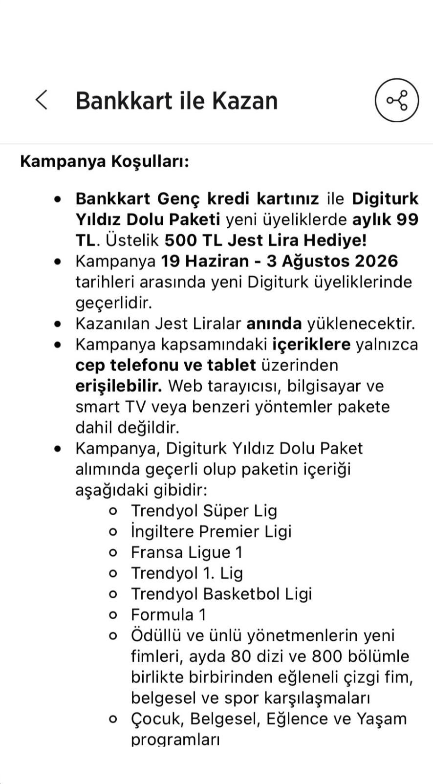 Digiturk Bankkart Gençlilere Ayda 99 TL ve 500 TL Jest Lira iade