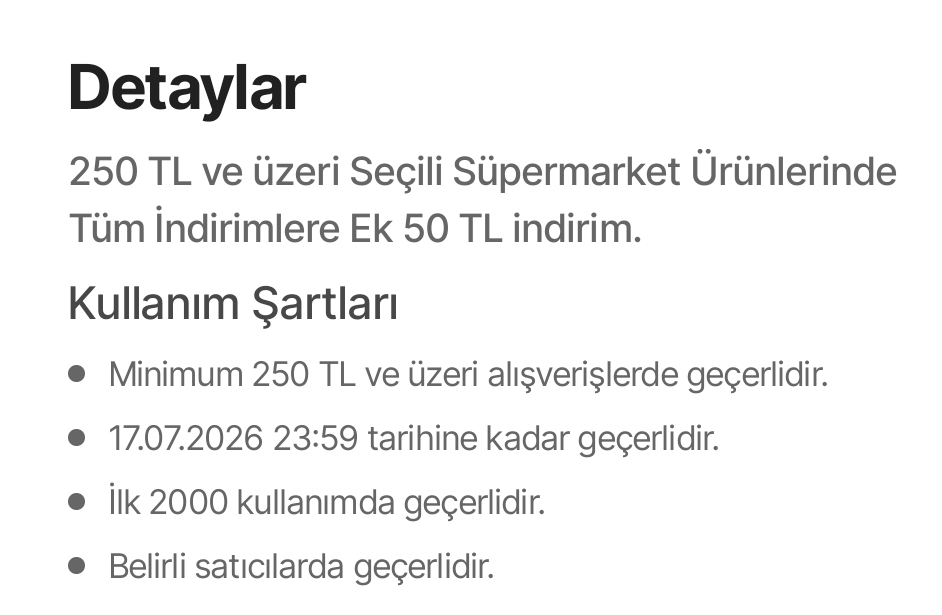 Süpermarket kategorisine 250/50 TL kupon geldii