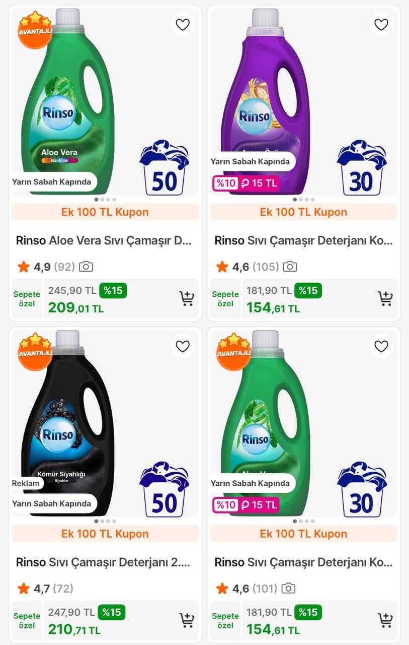 Rinso Sıvı Çamaşır Deterjanı 2.5Lt  209TL - 3’lü Alımda Tanesi 176TL
