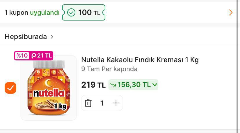 Nutella Kakaolu Fındık Kreması 1 Kg 100TL Kuponla 219TL - Görsel 1