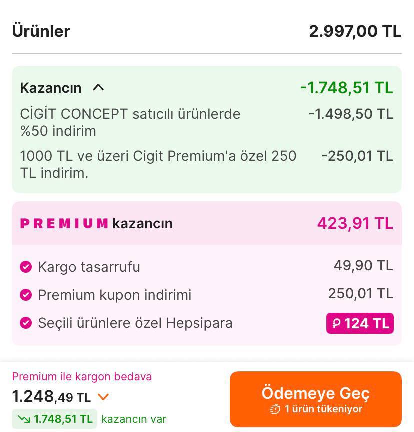 Linkteki Cigit Ürünlerinde Sepette %50 İndirim + 1000/250TL Ekstra İndirim Kuponu Var