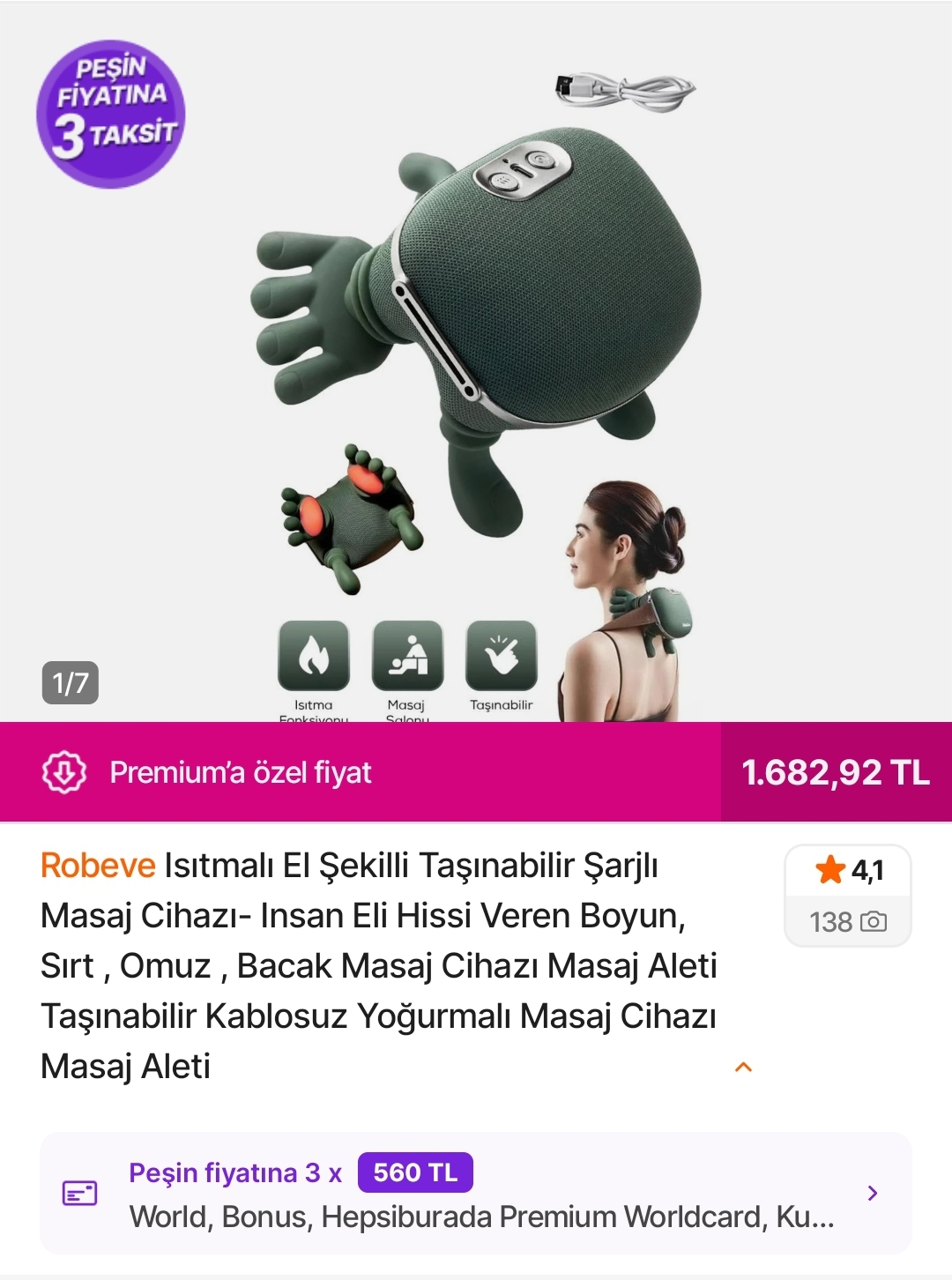 Robeve ısıtmalı el şekilli masaj aleti 1.682 TL Peşin fiyatına 3 taksit - Görsel 1