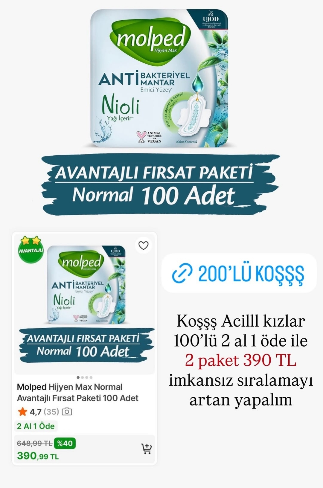 Koşş Molped Hijyenik ped 200 adet 390 TL - Görsel 1