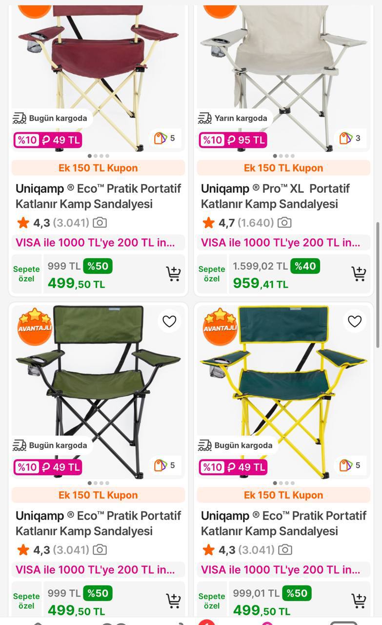 Uniqamp Kamp Sandalyelerinde 1000/200TL Visa İndirimi + 1500/150TL Kupon Var - Görsel 1