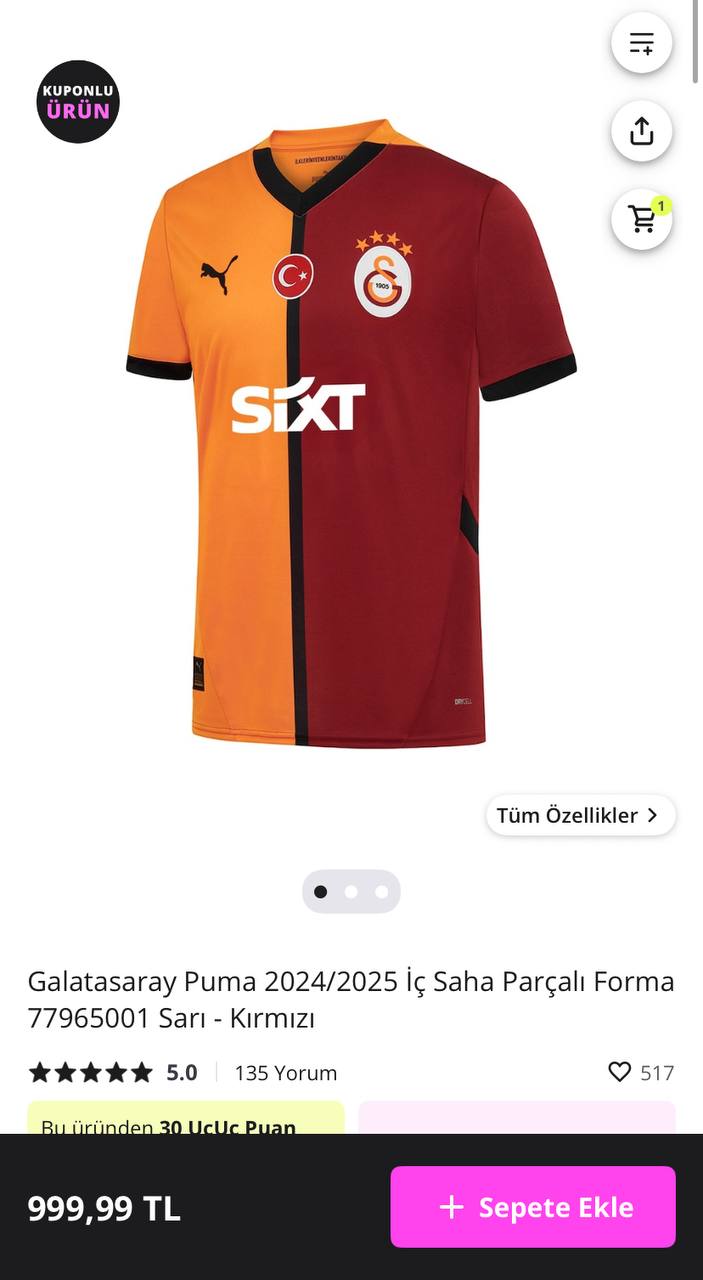 Galatasaray Puma İç Saha Parçalı Forma sans100 Kodu İle 899TL’ye Düşüyor - Görsel 1