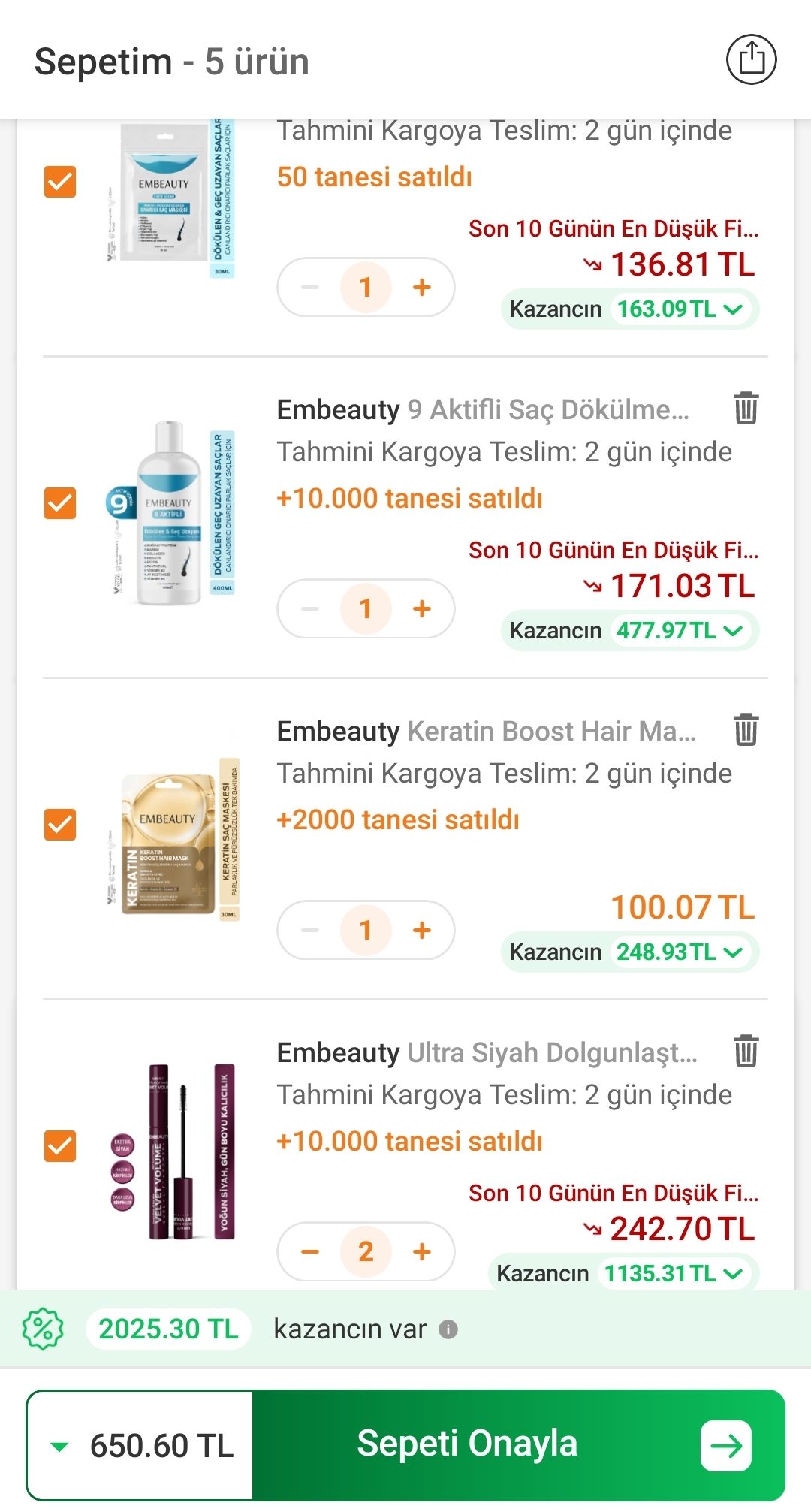 Embeauty 5 ürün 650 TL