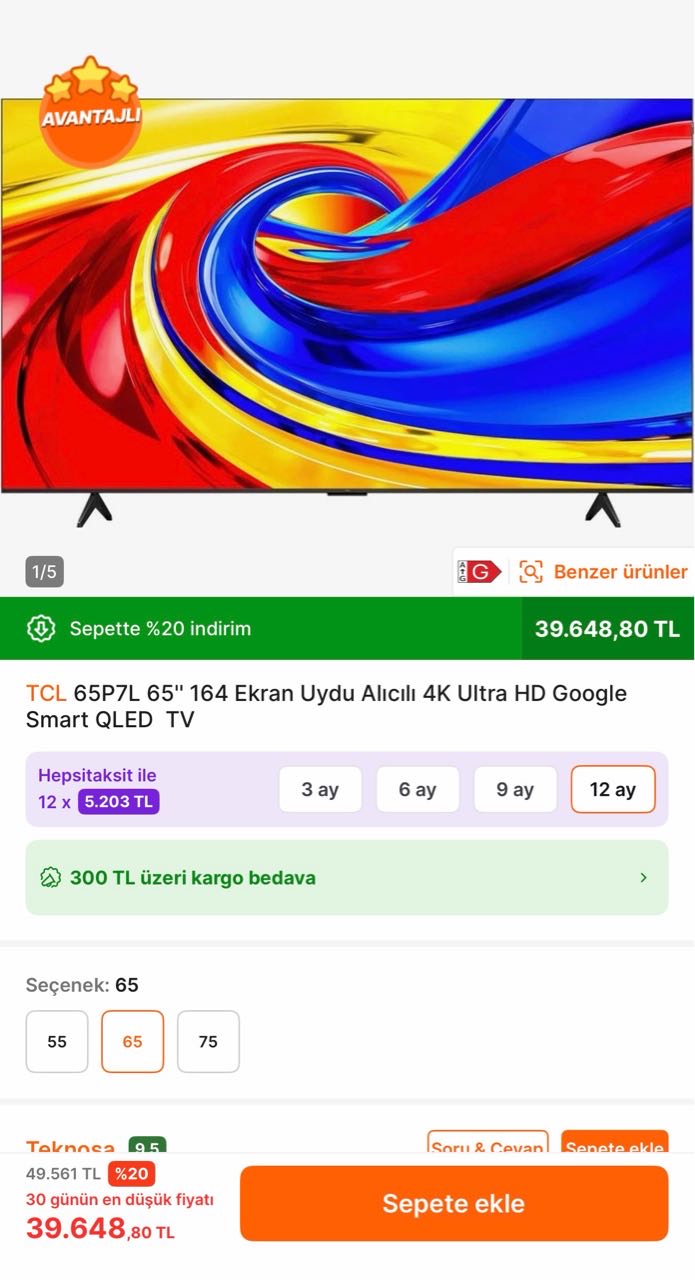TCL 65P7L 65'' 164 Ekran Uydu Alıcılı 4K  TV 39649₺