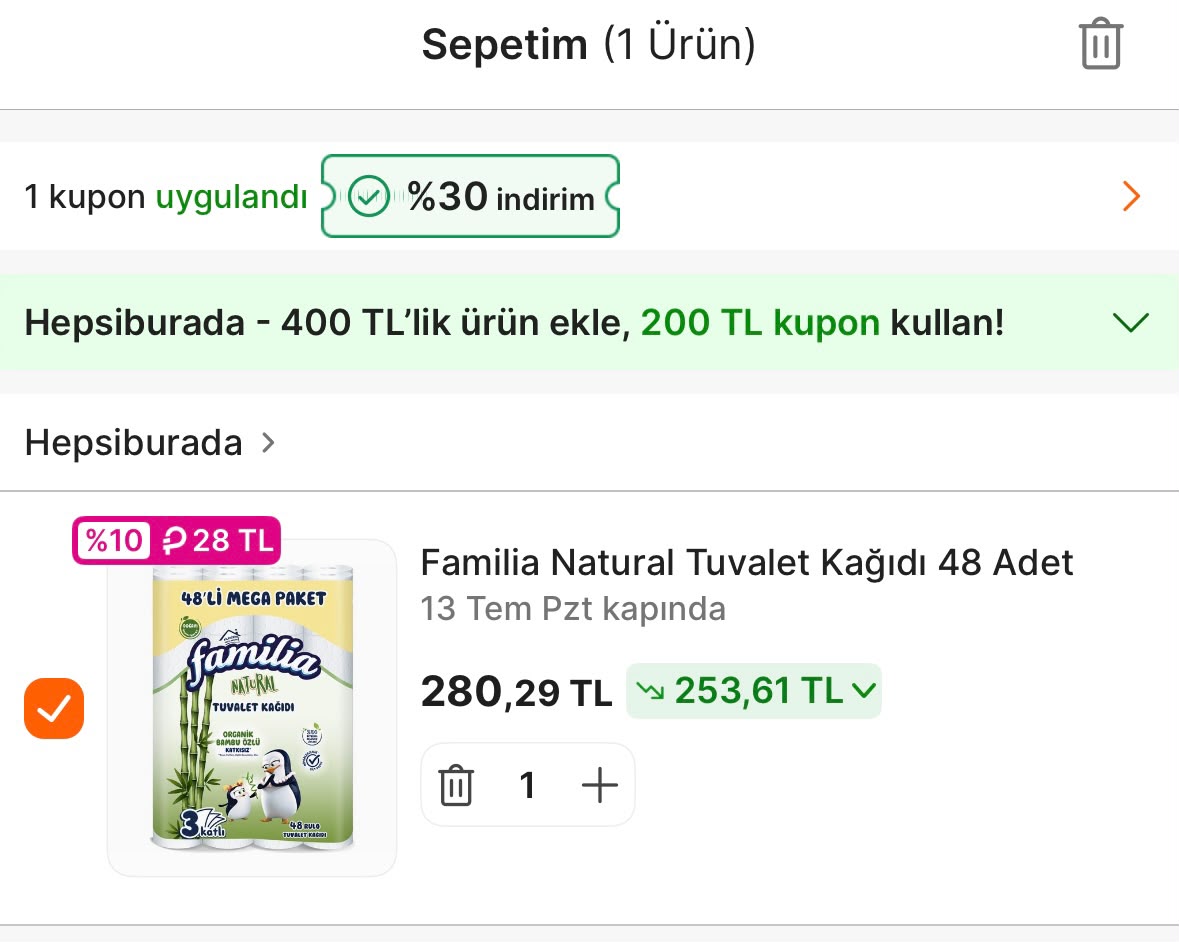 Familia 48 Rulo Tuvalet Kâğıdı 280₺ + 28₺ hepsipara iade
süpermarkette 400₺ye %30 indirim kuponu - Görsel 1
