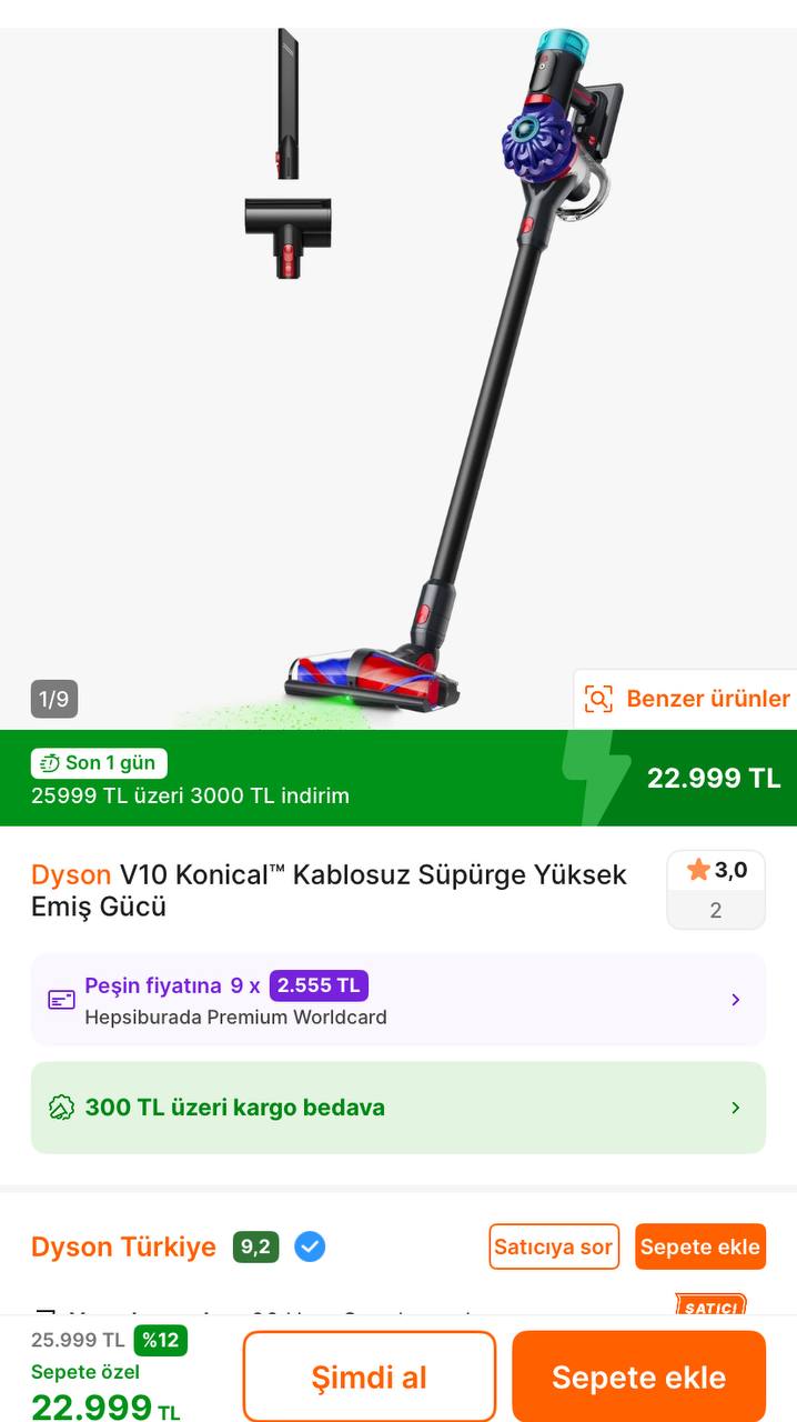 Dyson V10 Konical Kablosuz Süpürge Yüksek Emiş Gücü VİSA Logolu Kart İle Ödemede 20.999TL - Görsel 1
