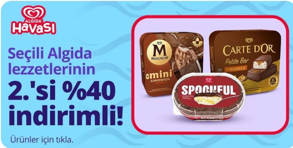 Getirmarket Algida dondurmalarda 2. Ürüne %40 indirim