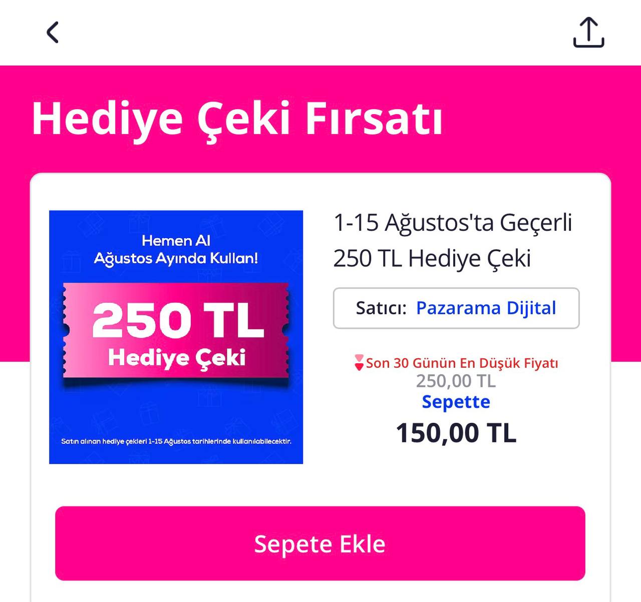 Pazarama 250 TL hediye çeki 150 TL