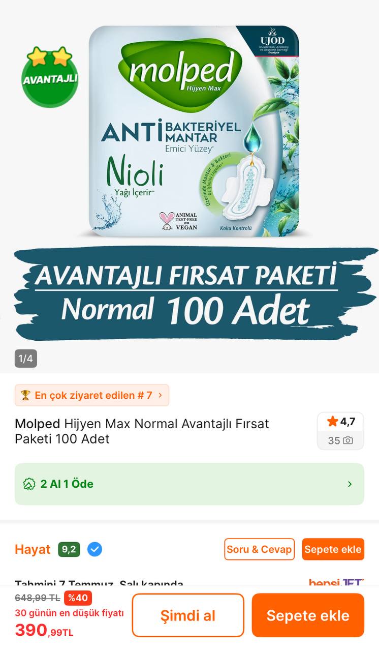 Molped Hijyen Max Normal Avantajlı Fırsat Paketi 100 Adet 390TL - 2’li Alımda 2 Al 1 Öde İle Paketi 195TL - Görsel 1