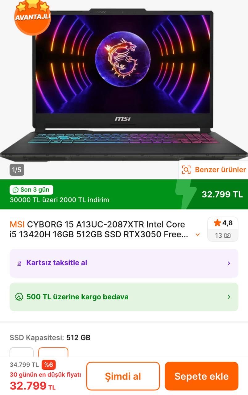 🔥MSI Cyborg 15 Intel Core i5 16GB 512GB SSD Laptop ✅32.799TL  - Piyasası 34.599TL+