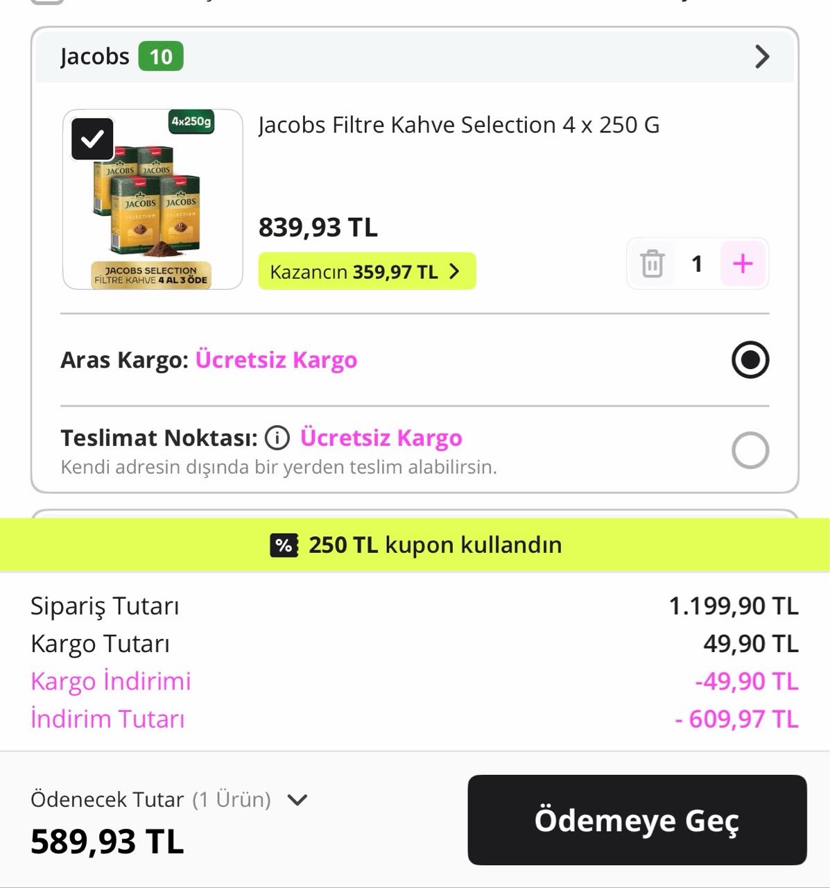 Jacobs 1kg filtre kahve 589₺ 🔥