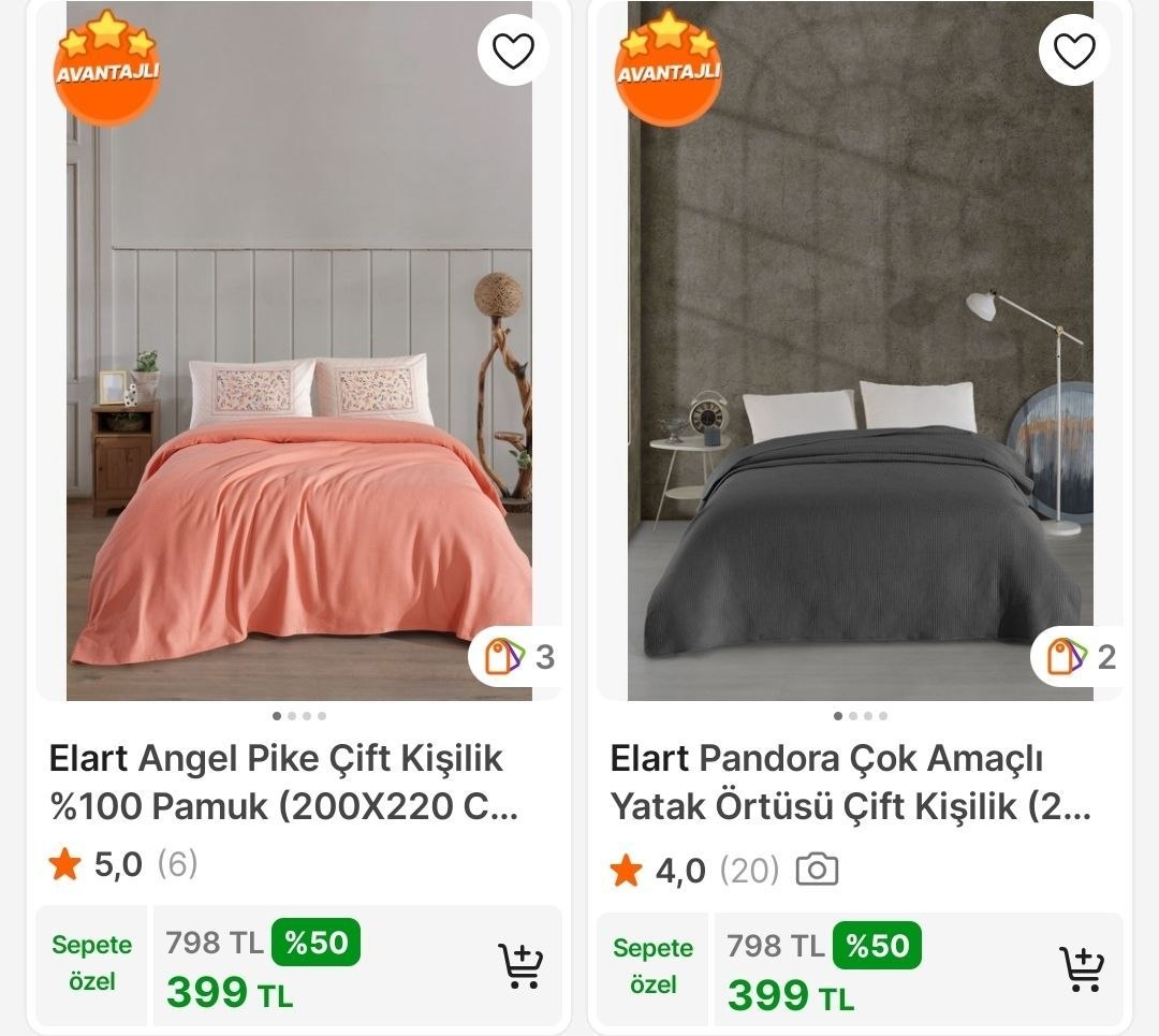 Elart çift kişilik pike ve yatak örtüleri 399 TL