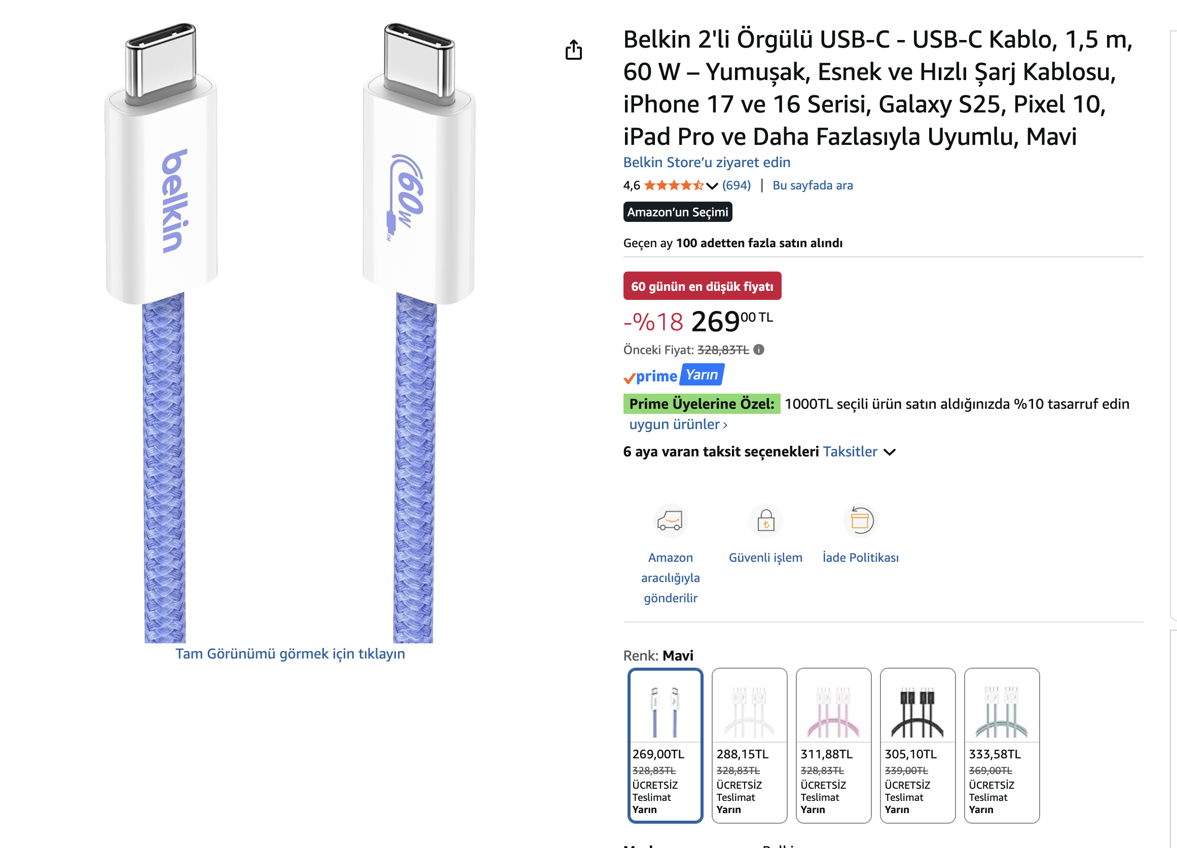 Belkin 2'li USB-C - USB-C Kablo, 1,5 m, 60 W 269TL - Görsel 1